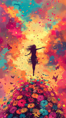 black silhouette of a dancing woman on a bunch of flowers flying all over on a pink background very colorful