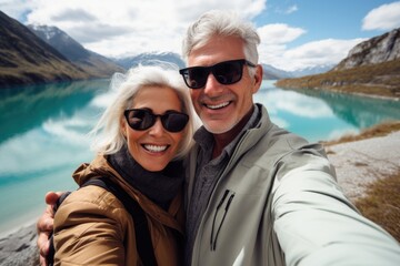 A couple of pensioners in sunglasses take selfies on a smartphone while traveling in the mountains