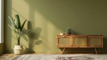 Modern home interior with vintage sideboard and indoor plants