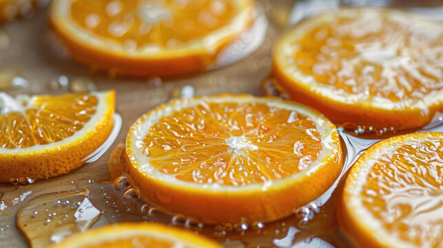 Sliced oranges with water drops on a wooden surface.