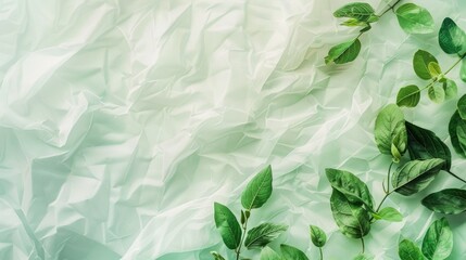 Green leaves on crumpled white fabric.