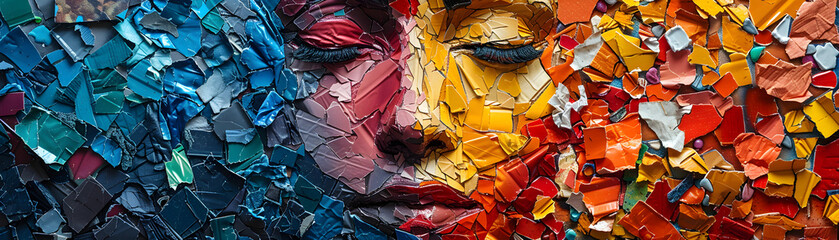 A stunning mosaic portrait made of broken pieces, showcasing a mix of colors and textures,...