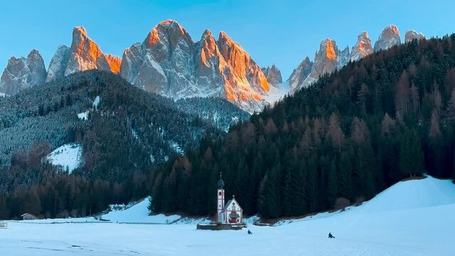 Winter landscape Dolomites Alps Santa Maddalena village Val di Funes valley South Tyrol Italy. High quality 4k footage