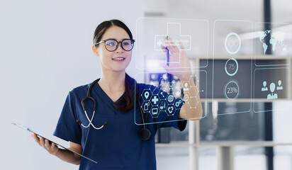 Digital health care innovative virtual science and medicine technology concept, Doctor working with human anatomy virtual interface icons.  