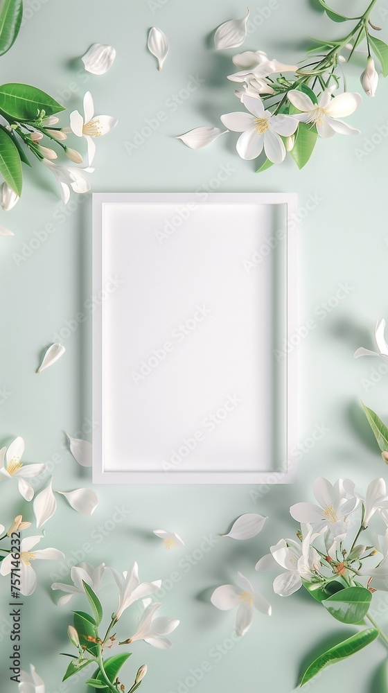 Poster a pristine white empty picture frame centered amidst a delicate arrangement of fragrant jasmine flow