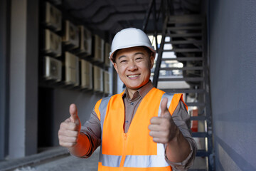 Construction worker giving a thumbs up on site