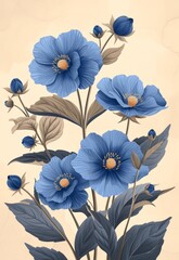 Beautiful painting of delicate blue flowers on a soft beige background with brown and green leaves