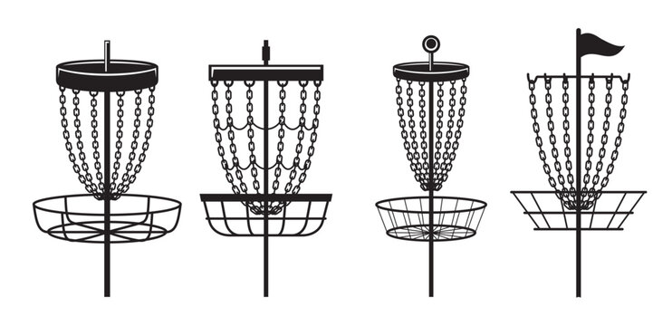 Disc golf basket competition sport game goal with metallic chain and flag icon set isometric vector