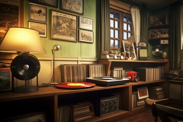 Vintage record player surrounded by a collection of vinyl records in a cozy music room.