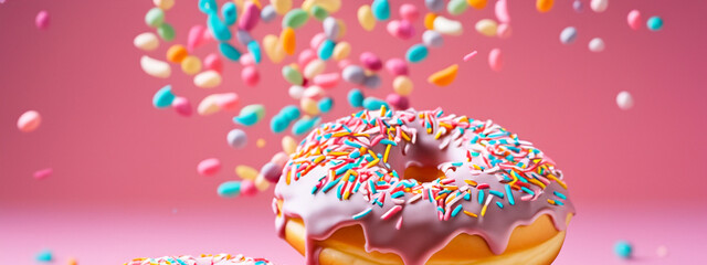 Donut, donut background. Bright donuts in glaze. Donuts with sprinkles.Glaze on donuts.Background,template,wallpaper with donuts. Bright tasty dessert,dessert for the holiday