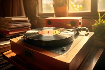 Vintage record player on a wooden table with a stack of neatly organized vinyl records.