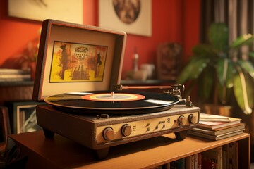 Vintage record player in a retro living room with music posters and memorabilia.