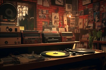 Vintage record store with shelves filled with vinyl records and a record player on the counter.