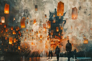 Modern Art Collage: Ethereal Lantern Festival Night

