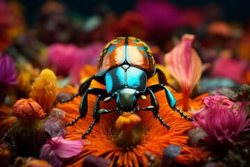 Close-up of a beetle on a colorful flower petal.