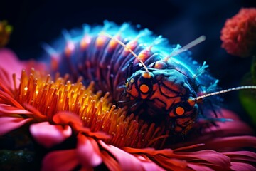 Macro shot of a caterpillar crawling on a vibrant flower.