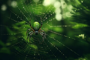 Macro shot of a spider hanging from its silk thread against a blurred green foliage background.
