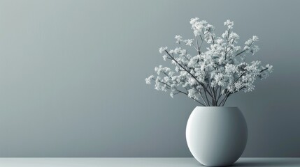 A white vase overflows with an abundance of delicate white flowers