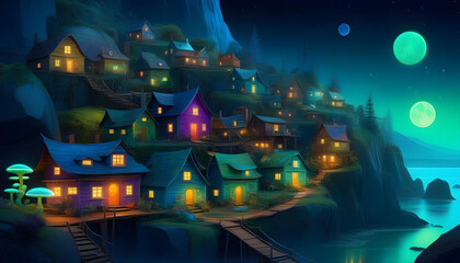 A digital painting of a bioluminescent lunar colony with colorful buildings