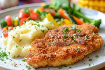 Dinner plate with fried pork chop, mashed potatoes, and vegetables