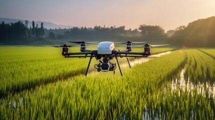 Fototapeta na wymiar drone spraying pesticide on rice field, drone spraying pesticide on rice field