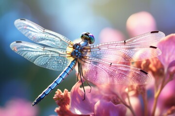 Macro shot of a dragonfly perched on a pink flower petal. - obrazy, fototapety, plakaty