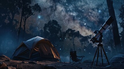 Night camping near bright fire in spruce forest under starry magical sky with milky way