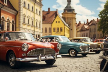 Vintage car show in a historic town square