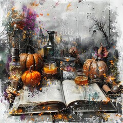 Modern Art Collage: Halloween Magic with Spell Book and Potions

