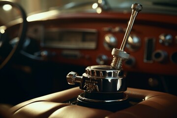 Close-up of a classic car's steering column with retro knobs and switches and a vintage radio