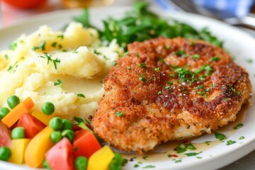 Dinner plate with fried pork chop, mashed potatoes, and vegetables