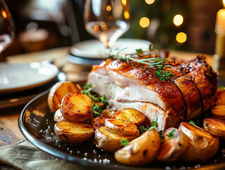 traditional Danish dish roast bacon with sweetened potatoes. - obrazy, fototapety, plakaty