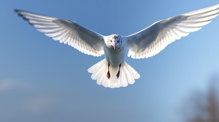 Seagull flying in the blue sky above the water surface.