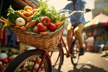 Person cycling through a vibrant farmers market with fresh produce