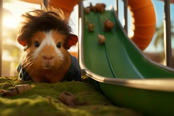 Boy and guinea pig having a picnic in a colorful playground