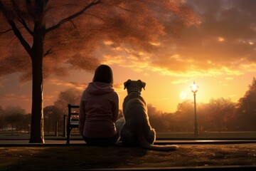 Woman and dog enjoying a peaceful moment in the park at sunset
