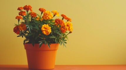 A potted plant bursts with yellow and orange flowers, blooming vibrantly under the sun