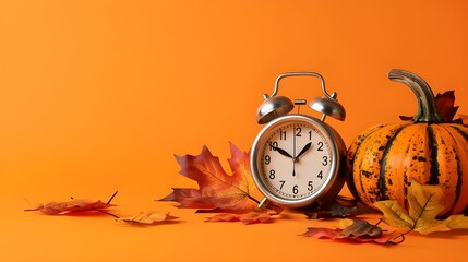  Daylight Saving Time. Alarm clock and orange color leaves on wooden table. Autumn time. Fall time change. Autumn leaves fall and winter approaches, the concept of daylight saving time. Generative AI.