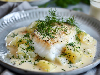 Traditional Danish dish Kogt Torsk based on boiled cod,