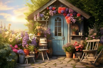 Fototapeta na wymiar Charming cottage garden shed with vintage gardening tools
