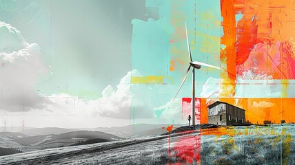 Modern Art Collage: Wind Turbine and the Essence of Sustainable Energy

