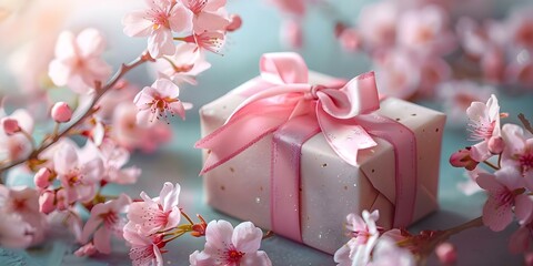 Delicate gift box with pink ribbon and cherry blossoms on pastel backdrop. Concept Gift Wrapping Ideas, Pink Aesthetic, Cherry Blossom Decor, Pastel Background, Delicate Ribbon