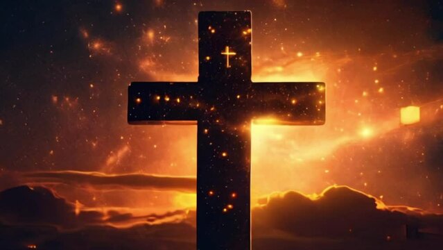 holy golden cross with glowing structures of the universe stars planets symbol spirituality silhouette crucifix church easter god savior afterglow religion sky believer