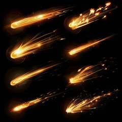 Set of effect of flashes from firearm shot in different shapes on black background. Or falling objects in fire and flame, golden glow.