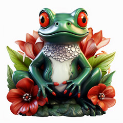 a big frog is sitting on the leaf on her back with flowers over her head сreated with Generative Ai