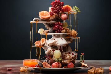 A gastronomic sculpture in the form of a tower, showcasing deconstructed flavors and molecular gastronomy techniques.