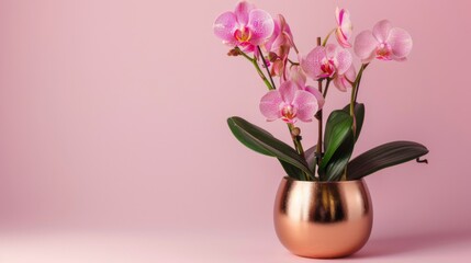 Naklejka na ściany i meble A luxurious gold vase overflows with delicate pink flowers against a soft pink background
