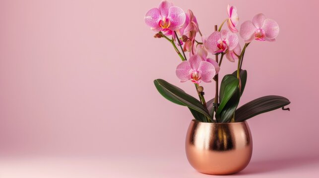 A luxurious gold vase overflows with delicate pink flowers against a soft pink background