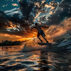 Surfer and big wave at sunset. Extreme sports and recreation. Active lifestyle. Conquest of water elements. Illustration for cover, card, postcard, interior design, poster, brochure or presentation