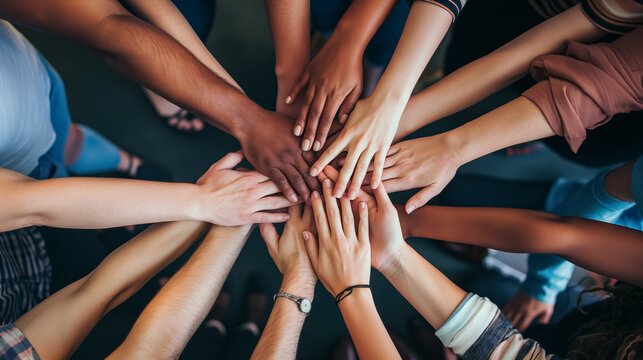 Diverse hands together, unity concept.